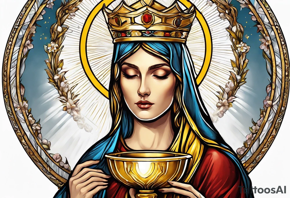 holy saint woman turned away with golden halo holding a chalice tattoo idea