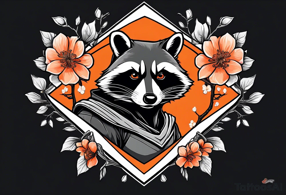 Raccoon wearing a white Superman logo on a black hoodie and orange Japanese cherry blossoms beside tattoo idea