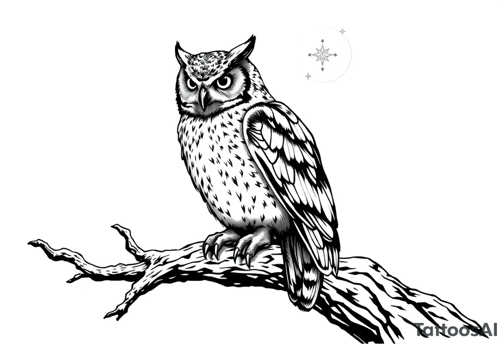 wise owl perched on ancient oak branch under starlit sky tattoo idea
