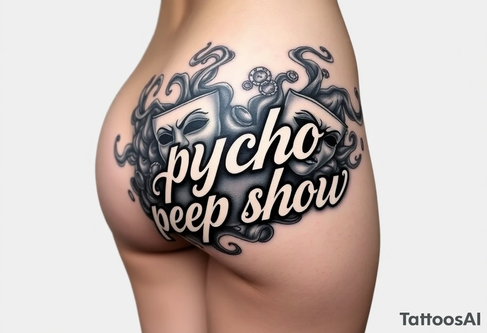 "psycho peep show" in chicano script  , perfect  shading  , smoke that forms images of the two theater masks ,many coins and smokey shading as a filler ,all in chicano style. tattoo is located on the right butt cheek of a female . only right side of butt ,white leters with  red and a dark smokey  shading she has a firm perfect  butt and is wearing g string  panties . studio lighting , realistic.  spelling should b correct and as entered iin this prompt  ; tattoo idea