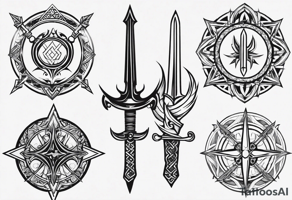 minimal cyber sigilism round pointy swords shoulder design tattoo idea