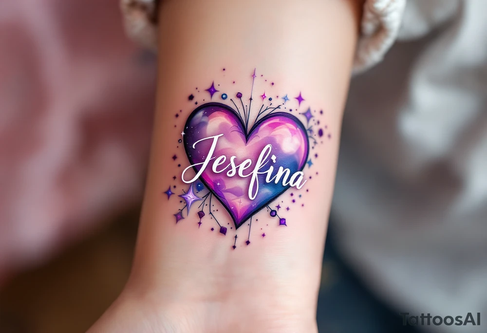 A heart surrounded by cosmic elements, with name "Jesefina" written in an elegant white script, accented by soft purple and silver sparkles. tattoo idea