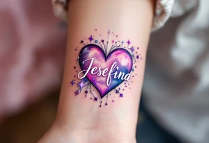 A heart surrounded by cosmic elements, with name "Jesefina" written in an elegant white script, accented by soft purple and silver sparkles. tattoo idea