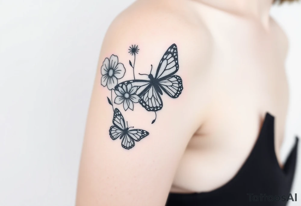 Show me an upper arm/shoulder/shoulder blade tattoo design with a birth flower for July, July, January, September, and 3 butterflies, and a raven and an eagle tattoo idea