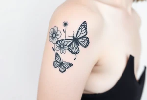 Show me an upper arm/shoulder/shoulder blade tattoo design with a birth flower for July, July, January, September, and 3 butterflies, and a raven and an eagle tattoo idea
