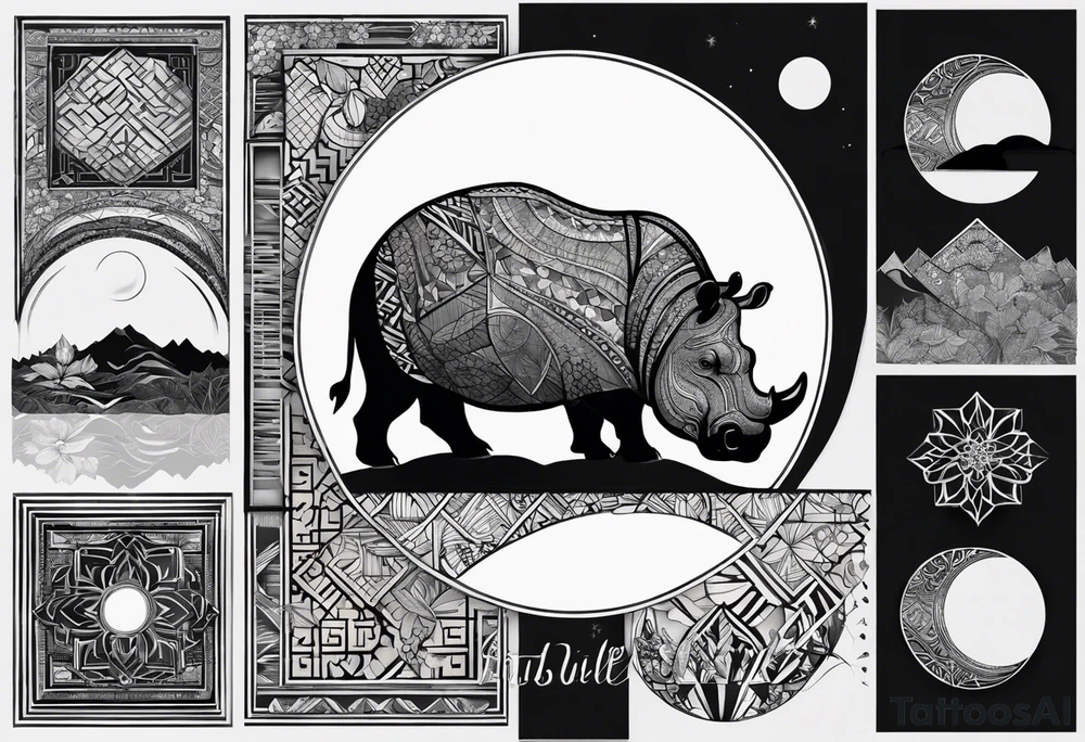 Very asymmetrical, +geometric pattern, with realistic full moon, with hippo at side look, +tribal, +geometric, +inkart , +blackwork, +grey scale, + sketch
with wintersweet flower bud, +inkart touch, +for men, detailed , combined favourite tattoo idea