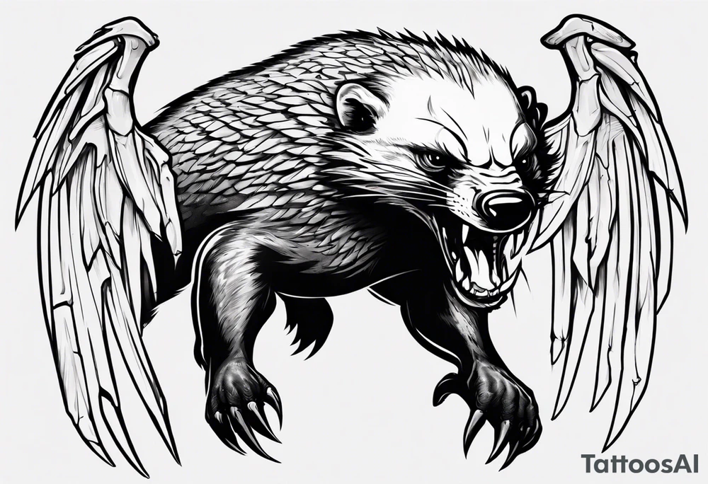 Angry, snarling, detailed forward-facing honey badger against the background of large wings made of bones tattoo idea