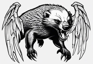 Angry, snarling, detailed forward-facing honey badger against the background of large wings made of bones tattoo idea