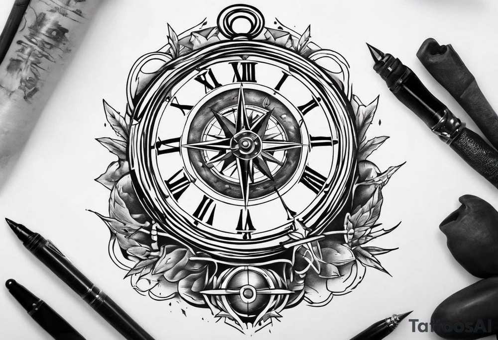 A Brocken clock whitch got an compass integrated tattoo idea