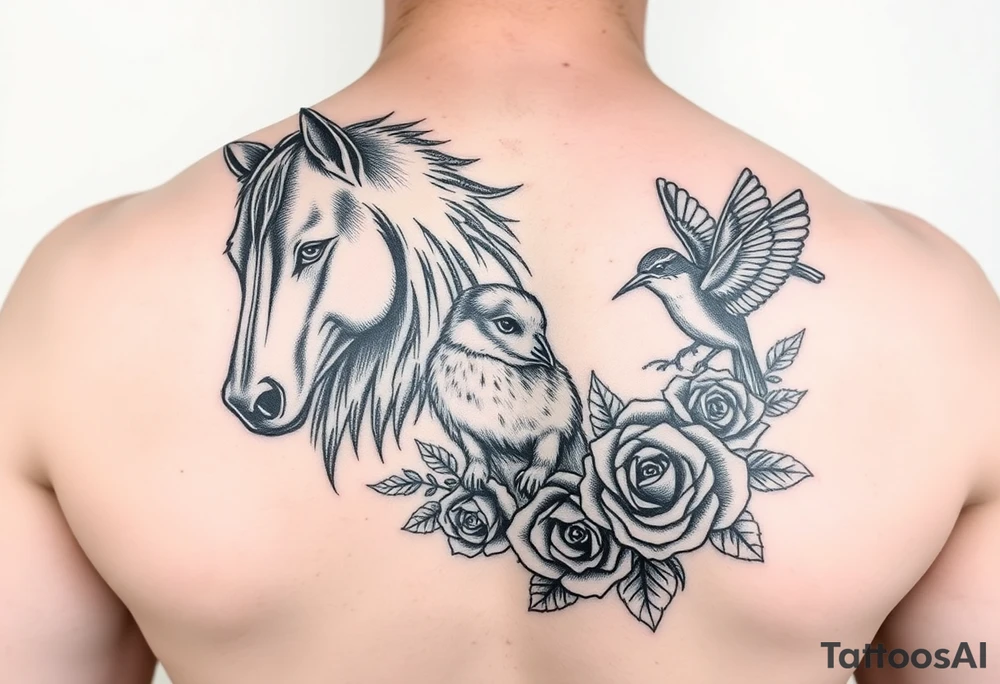 tattoo design featuring: wolf, horse, owl, dog, swallow, hummingbird - all interwoven with roses tattoo idea