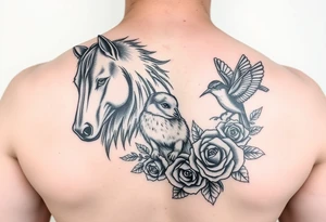 tattoo design featuring: wolf, horse, owl, dog, swallow, hummingbird - all interwoven with roses tattoo idea