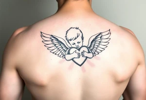 a child with wings hugging a heart sketch with minimal line work tattoo idea