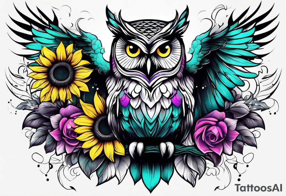 Black and white owl shaded teal, pink and purple surrounded by yellow sunflowers sleeve tattoo idea