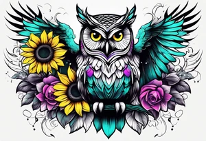 Black and white owl shaded teal, pink and purple surrounded by yellow sunflowers sleeve tattoo idea