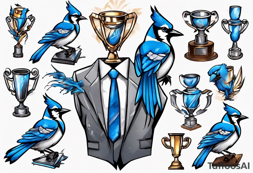 bluejay in a suit holding a trophy tattoo idea