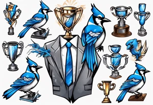 bluejay in a suit holding a trophy tattoo idea