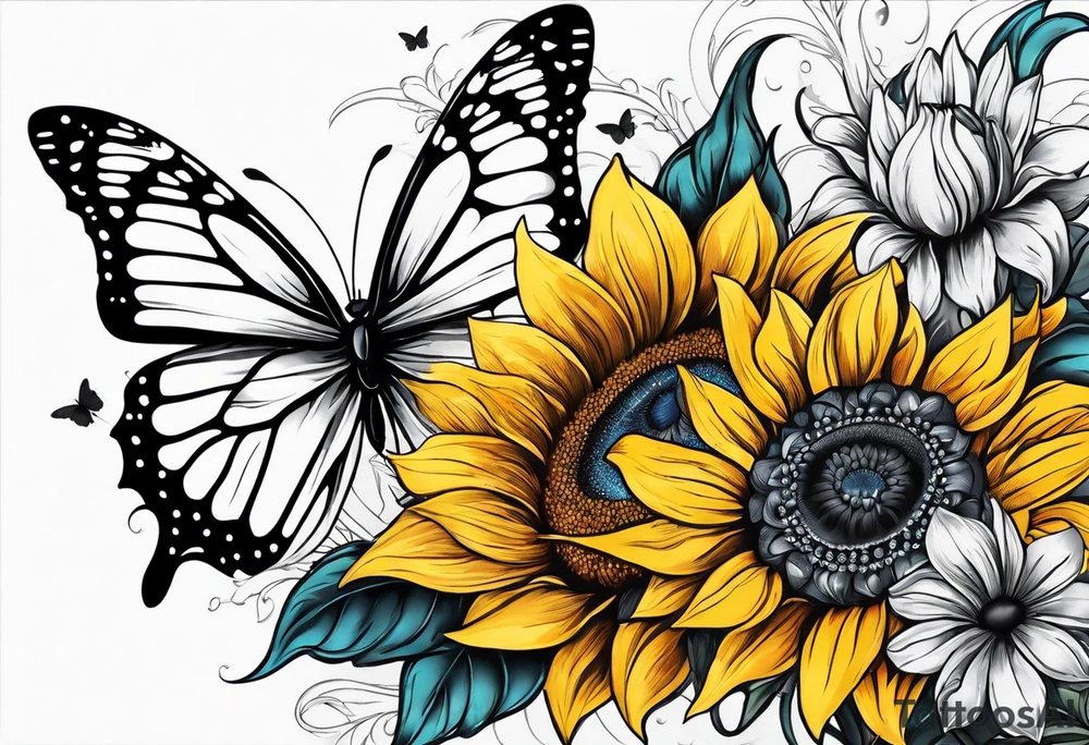 Arm sleeve with sunflowers and butterflies tattoo idea