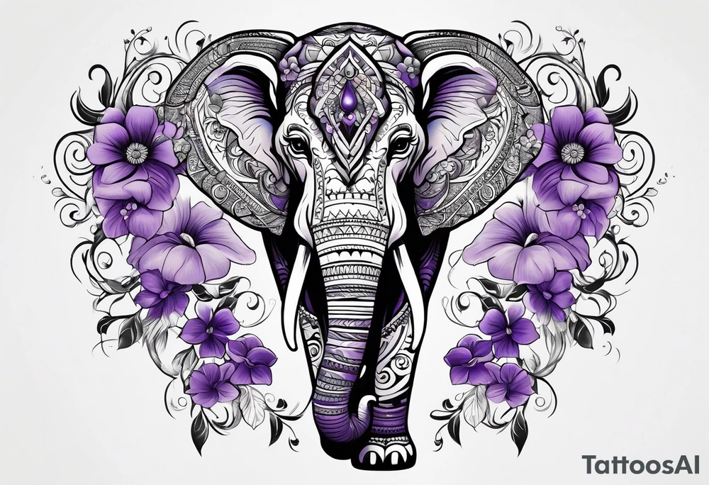 Tribal elephant surrounded by violet flowers tattoo idea