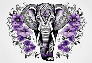 Tribal elephant surrounded by violet flowers tattoo idea