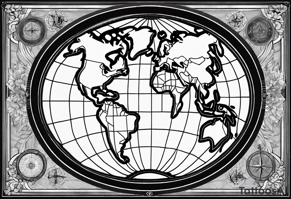 the earth on a flat map with no shading placed on a grid with only the lines with accurate depictions of the borders in countries while having it in an oval/circular position on a grid without any borders on the sides while having the countries not have such bold borders tattoo idea