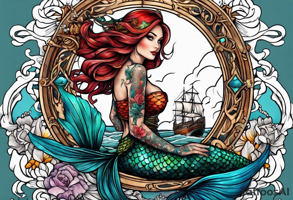 Tattooed mermaid beside shipwreck tattoo idea