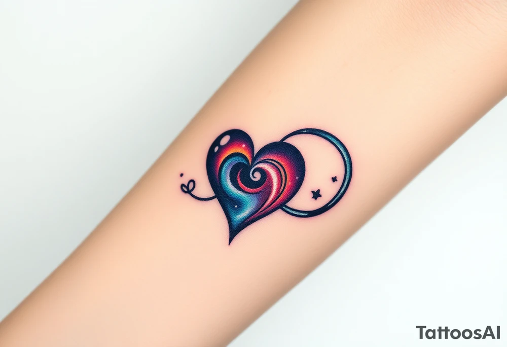 Fully depicted infinity symbol with a heart made of swirling galaxy patterns at its end tattoo idea