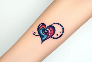 Fully depicted infinity symbol with a heart made of swirling galaxy patterns at its end tattoo idea