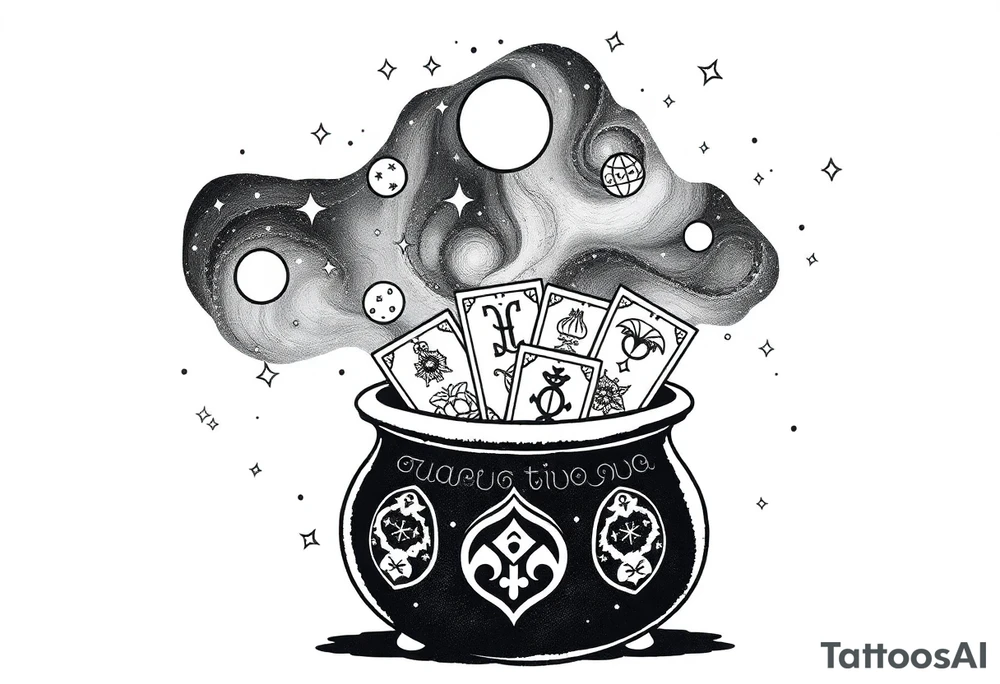 Milky way galaxy filled with zodiac symbols runes tarot cards coming out of a cauldron tattoo idea