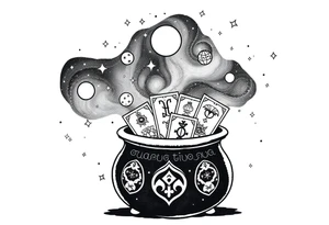 Milky way galaxy filled with zodiac symbols runes tarot cards coming out of a cauldron tattoo idea