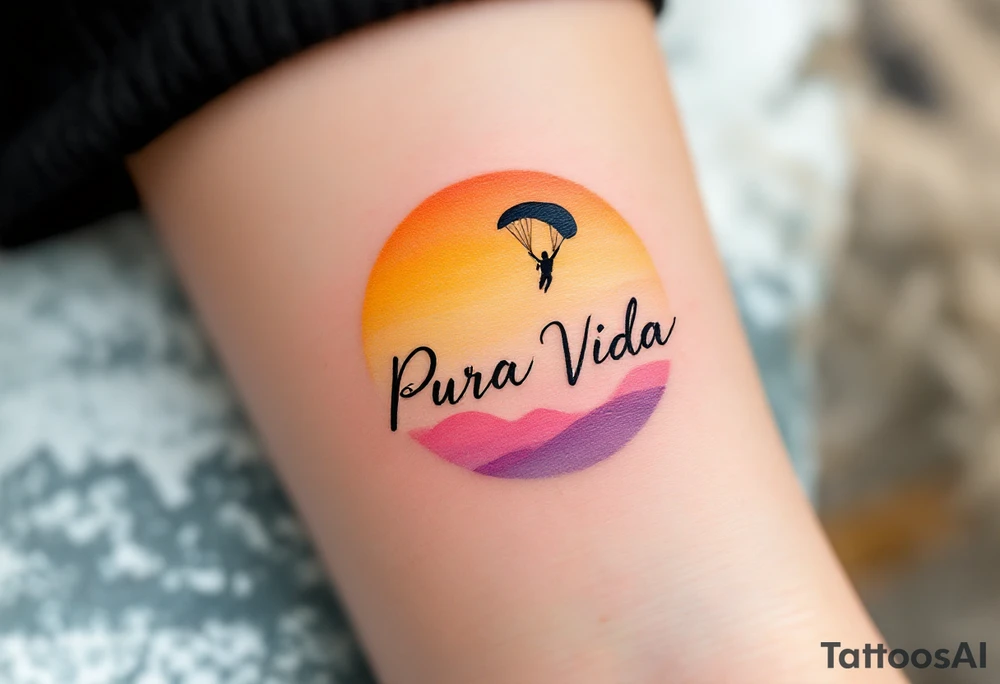 Cursive “Pura Vida” trailing behind a paragliding silhouette against a sunset gradient of yellow, orange, and magenta. tattoo idea