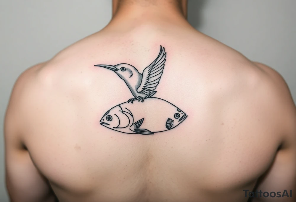 minimal fine line bird and fish tattoo, for chest, man. tattoo idea