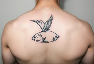 minimal fine line bird and fish tattoo, for chest, man. tattoo idea