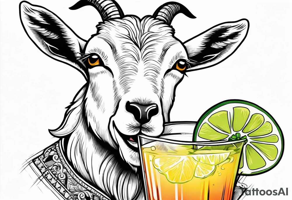 A sketch of a goat drinking a margarita tattoo idea