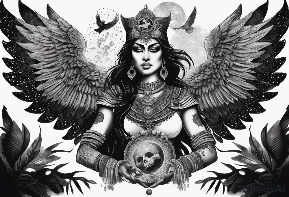 black kali, goddess pirate, alien, angel, pachamama, valkrye, warrior, flying, skull, lotus azul, wing, eagle, zenza resonance, stars, 5D, anahata chakra, death, durga, riding on a tiger, flying lady, kundalini, chest tatoo, samuri, rebel tattoo idea