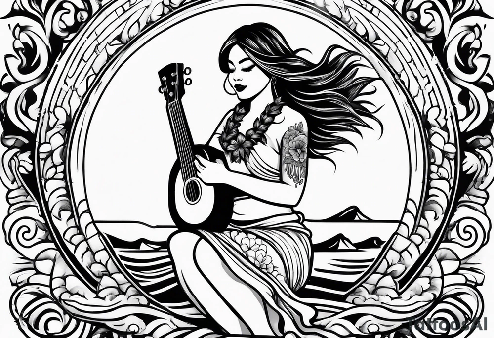 hula girl squating and dance with ukulele tattoo idea