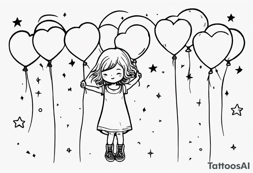 Little girl holding on to heart and star balloons and going up to the sky tattoo idea