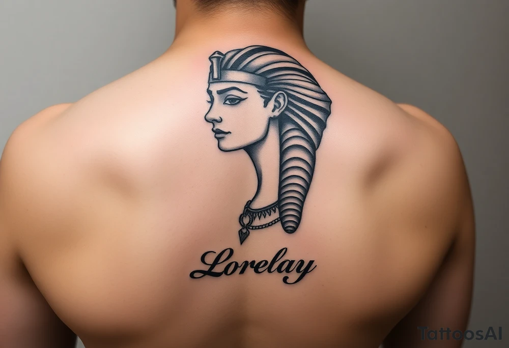 Créame un diseño en miniatura para el bíceps de un personaje principal chica 
de la cultura de egipcia con el nombre de lorelay escrito por debajo del diseño tattoo idea