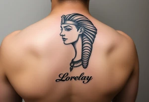 Créame un diseño en miniatura para el bíceps de un personaje principal chica 
de la cultura de egipcia con el nombre de lorelay escrito por debajo del diseño tattoo idea