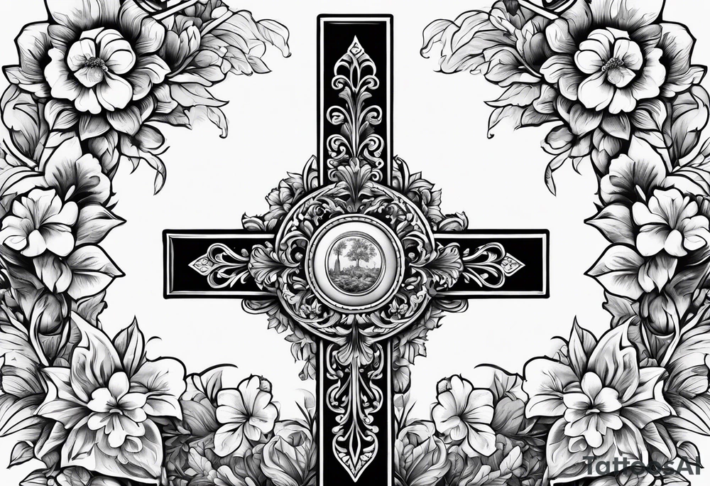 A wood cross with flowers surrounding it tattoo idea