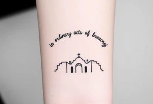 We believe in ordinary acts of bravery" arched over a silhouette of the Dauntless compound entrance tattoo idea