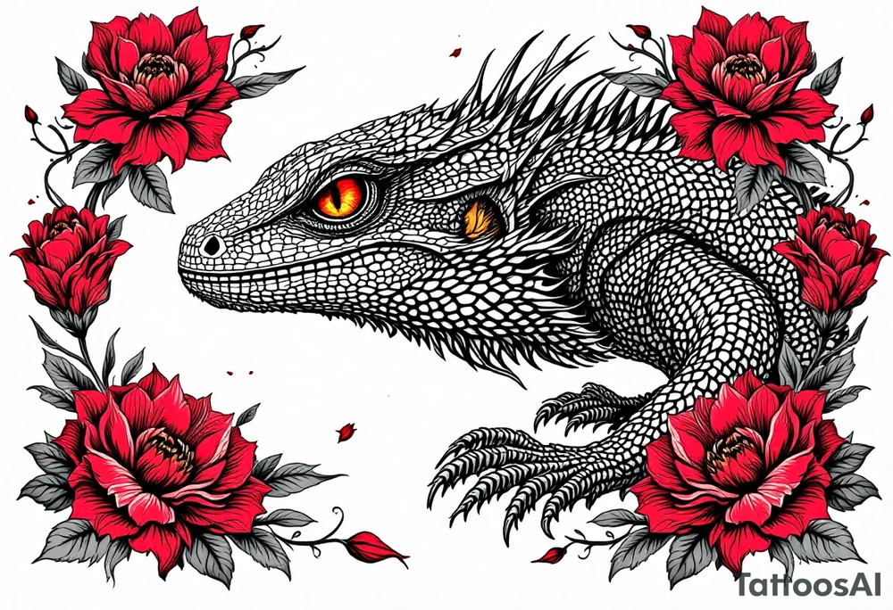 powerful majestic lizard with red eyes, surrounded by red floral ornaments tattoo idea