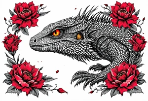 powerful majestic lizard with red eyes, surrounded by red floral ornaments tattoo idea