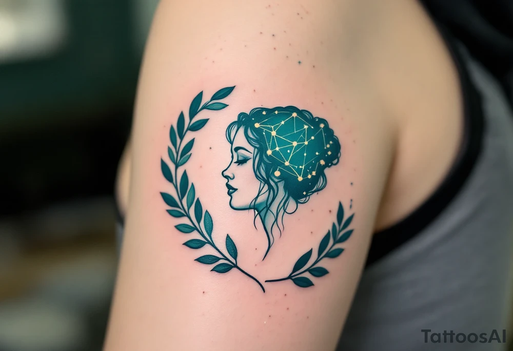 A cosmic Virgo constellation etched in teal above the profile of a woman surrounded by olive leaves. tattoo idea