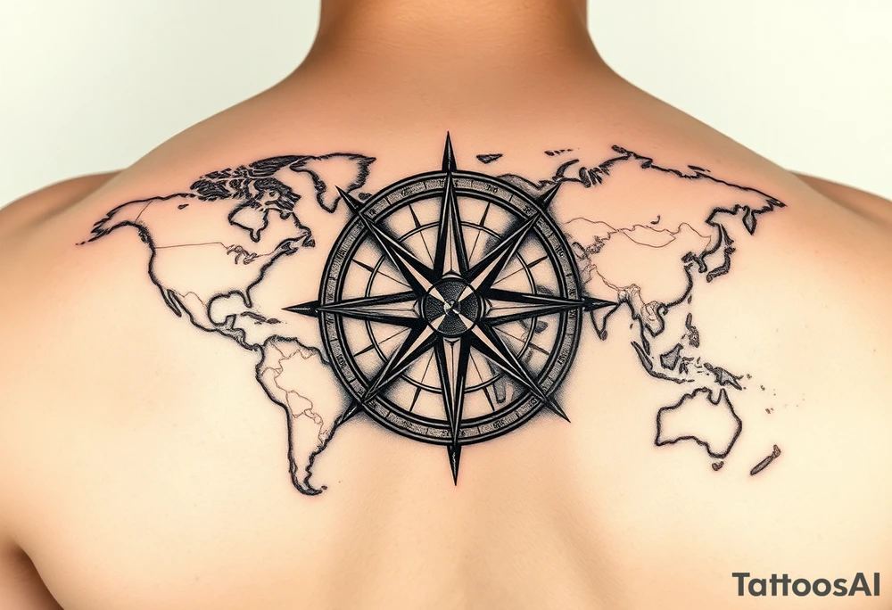 antique compass rose overlaid on weathered world map with sailing ships tattoo idea