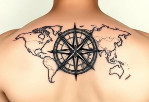 antique compass rose overlaid on weathered world map with sailing ships tattoo idea