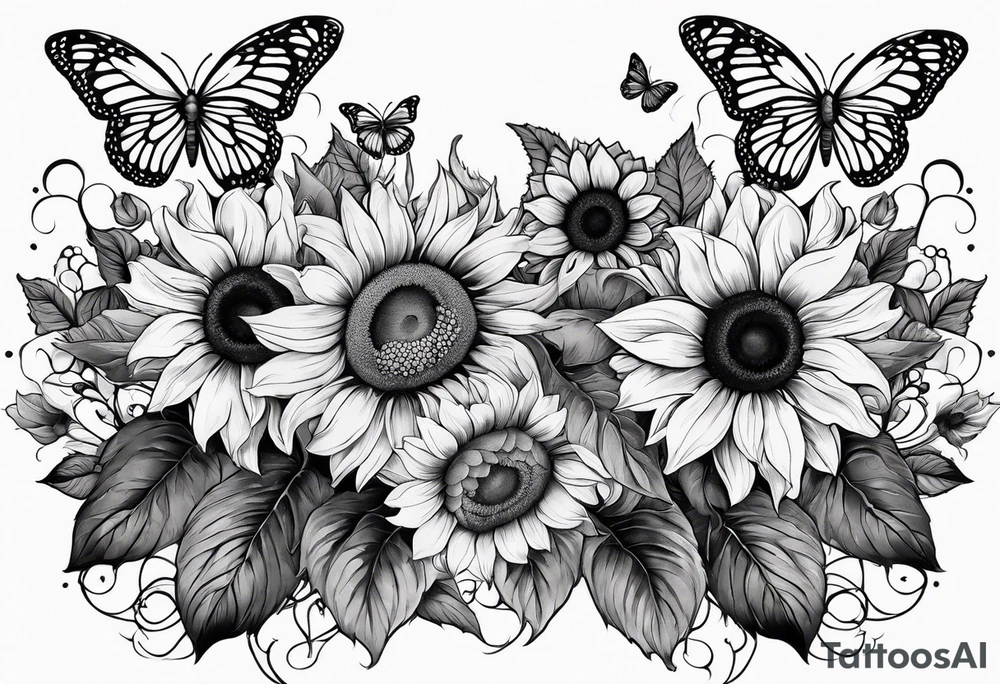 Arm sleeve with sunflowers and butterflies tattoo idea