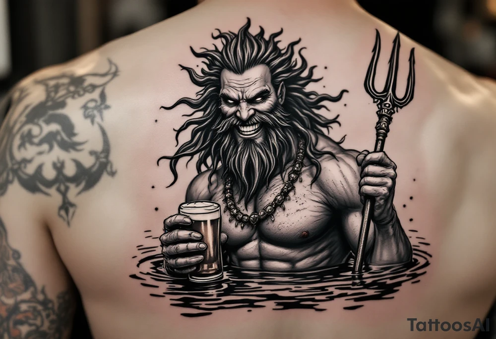 smiling poseidon in calm water, holding a trident, holding a beer tattoo idea