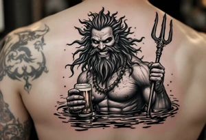 smiling poseidon in calm water, holding a trident, holding a beer tattoo idea