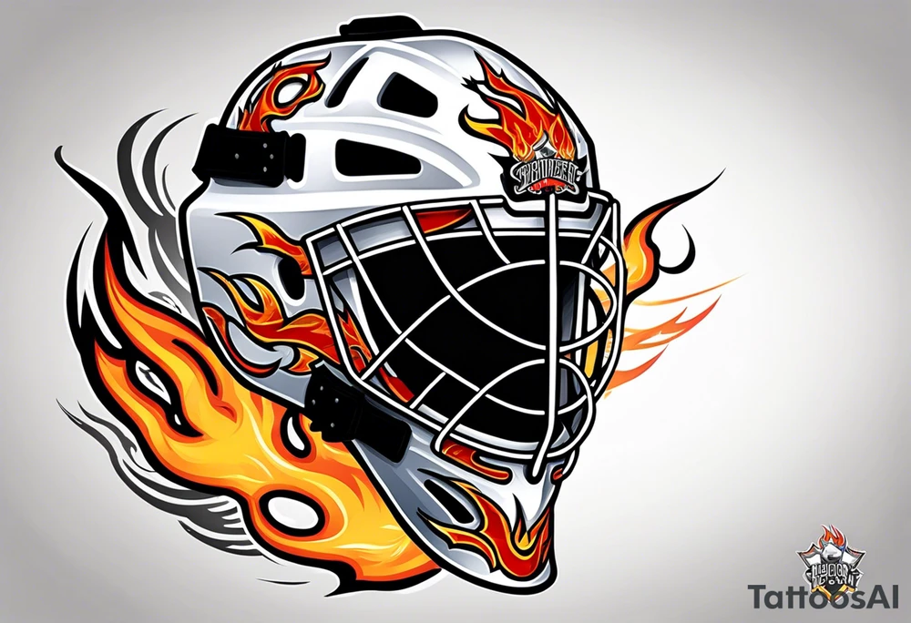 a puck hitting a goalie mask with crossed hockey sticks and flames that says "SHOT HOCKEY" tattoo idea