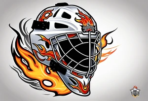 a puck hitting a goalie mask with crossed hockey sticks and flames that says "SHOT HOCKEY" tattoo idea